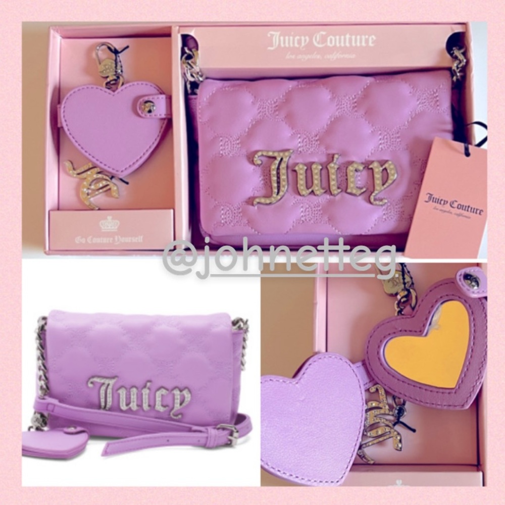 👛JUICY COUTURE Quilted Crossbody Bag Heart Mirror Charm Keychain Violet Gunmetal